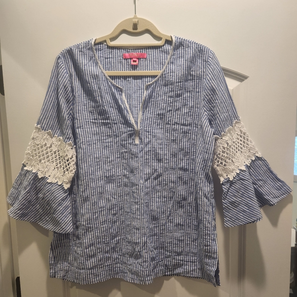 Lilly Pulitzer Amelia Island Flounce Sleeve Tunic in Blue Stripe, Size M - Picture 3 of 7